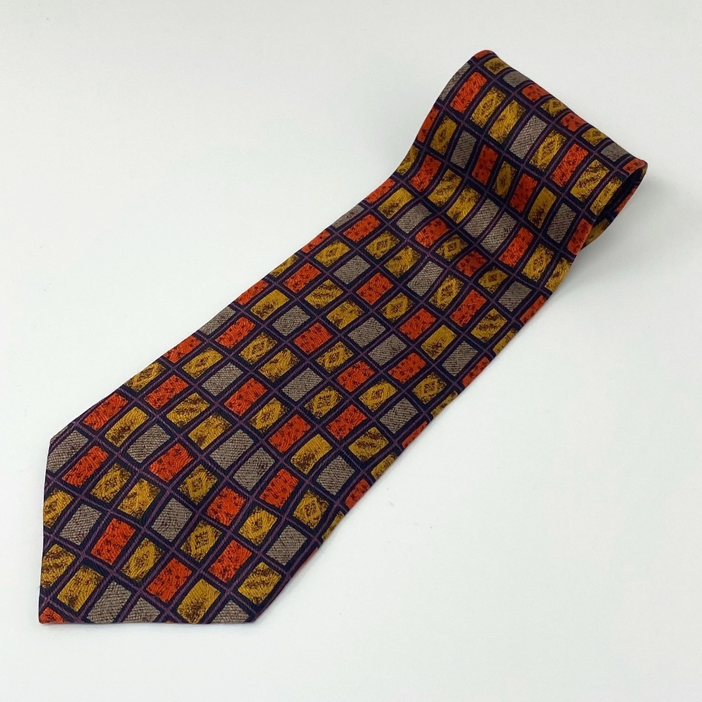 Zionetti Men Wide Neck Tie 100% Italian Silk Orange Yellow Taupe Rectangle Print